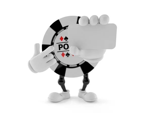 Χαρακτήρας τσιπ τυχερών παιχνιδιών που δείχνει το δάχτυλο στην επαγγελματική κάρτα — Φωτογραφία Αρχείου