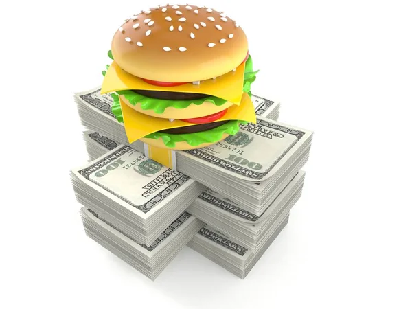 Cheeseburger em pilha de dinheiro — Fotografia de Stock