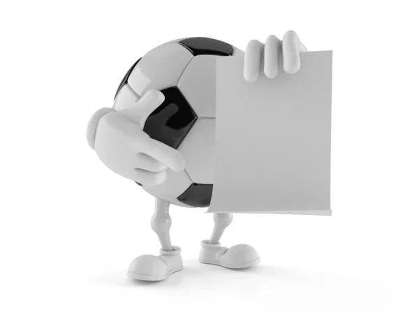 Personagem de bola de futebol segurando folha de papel em branco — Fotografia de Stock