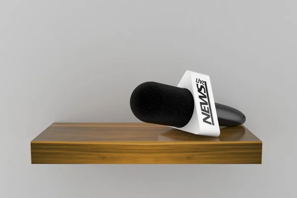 Entrevista microfone na prateleira de madeira — Fotografia de Stock