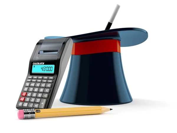 Magiczny kapelusz z kalkulatorem i ołówkiem — Zdjęcie stockowe