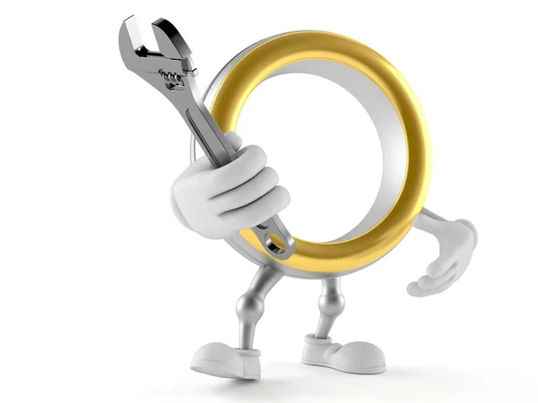 Personagem anel de casamento segurando chave ajustável — Fotografia de Stock