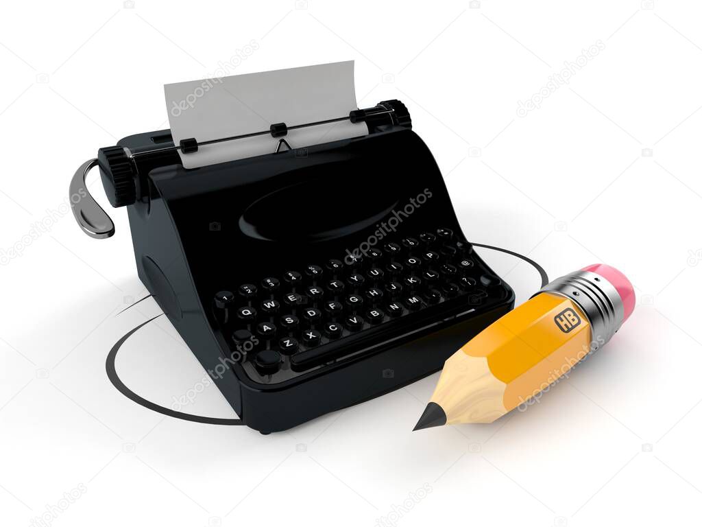 Typewriter with pencil isolated on white background