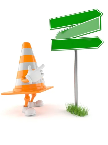 Traffic cone character with blank signpost — Stock Photo, Image