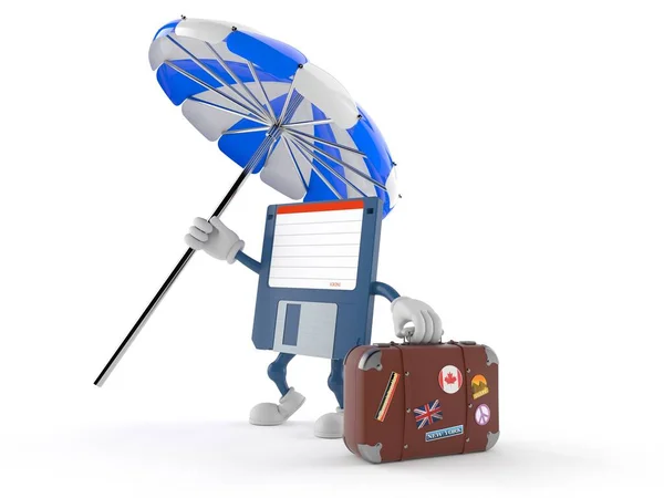 Floppy disk character with parasol and suitcase — Stock Photo, Image