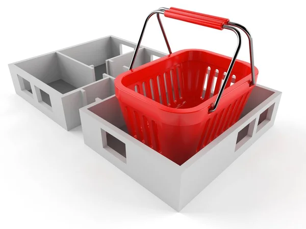 Shopping basket inside house plan — Stock Photo, Image