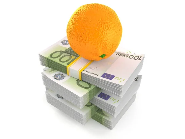 Πορτοκαλί στη στοίβα των χρημάτων — Φωτογραφία Αρχείου