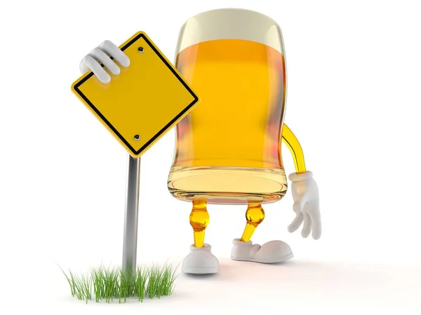 Personagem de cerveja com sinal de estrada em branco — Fotografia de Stock