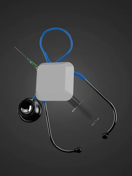 Klucz komputerowy ze stetoskopem i strzykawką — Zdjęcie stockowe