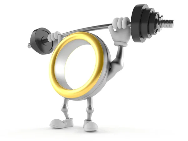 Wedding ring character lifting heavy barbell — Stock Photo, Image