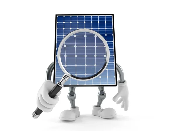 Pannello fotovoltaico personaggio guardando attraverso lente di ingrandimento — Foto Stock