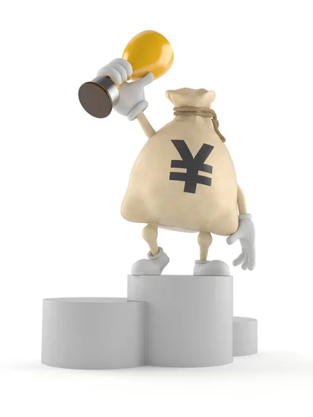 Yen personaggio sacchetto di denaro sul podio in possesso di trofeo — Foto Stock