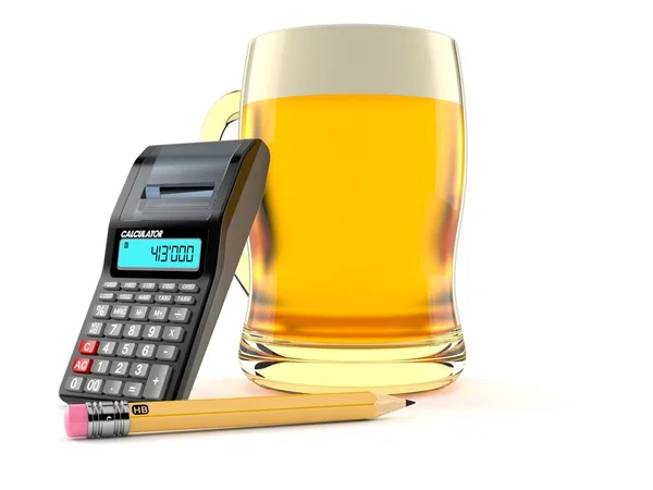 Copo de cerveja com calculadora e lápis — Fotografia de Stock