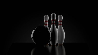 Bowling ball and pins on black background clipart