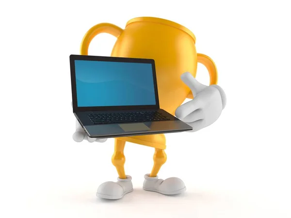 Altın kupa karakteri dizüstü bilgisayar tutuyor — Stok fotoğraf