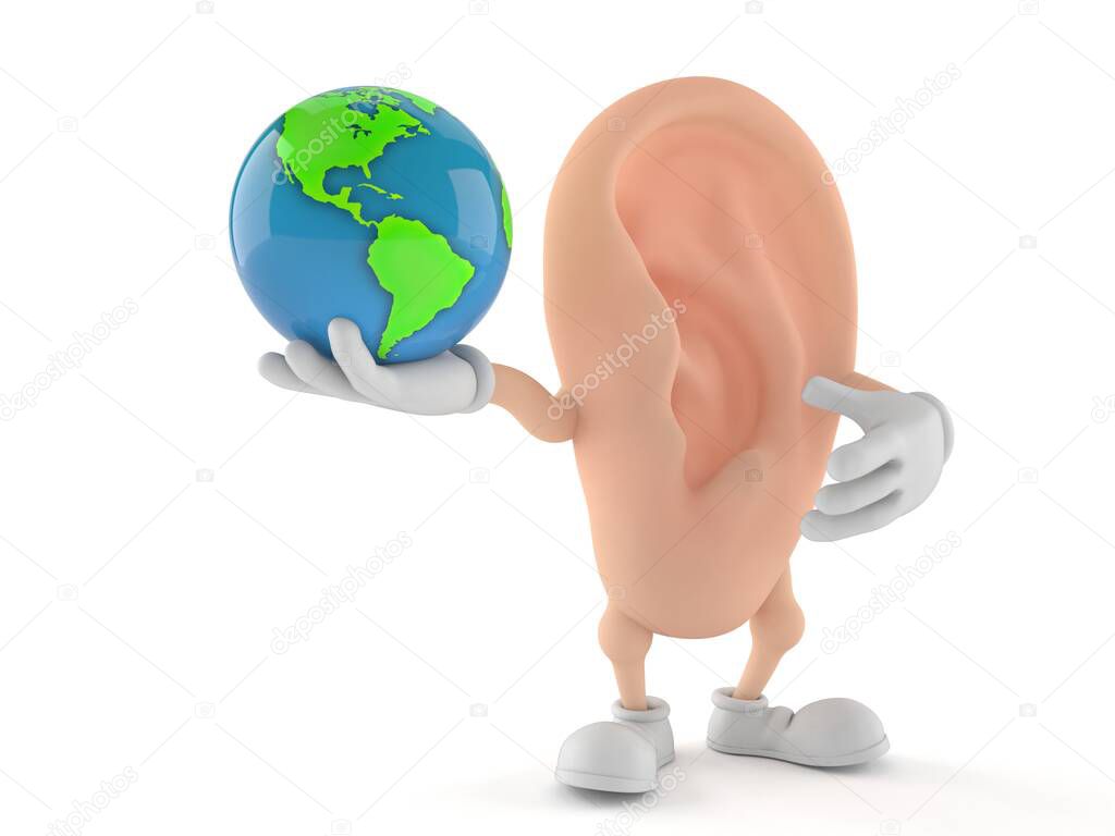 Ear character holding world globe