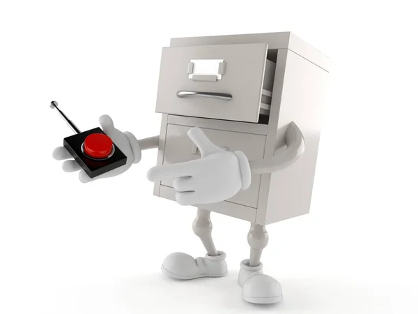 Archive character pushing button on white background — Stock Photo, Image