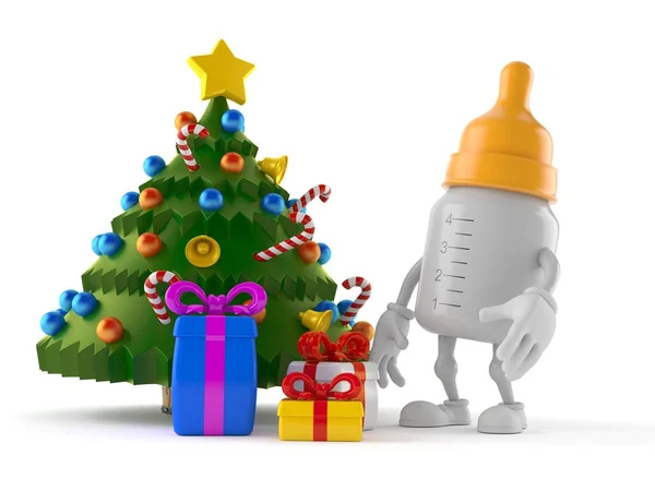 Baby bottle character with christmas tree and gifts — Stock Photo, Image