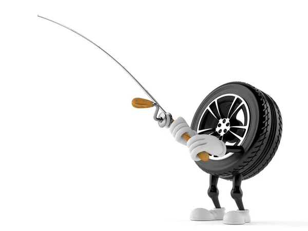 Személygépkocsi kerék karakter horgászbottal — Stock Fotó