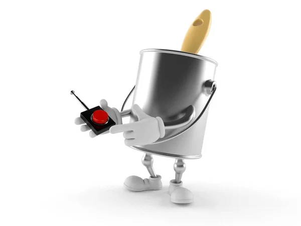 Paint can character pushing button on white background — Stock Photo, Image