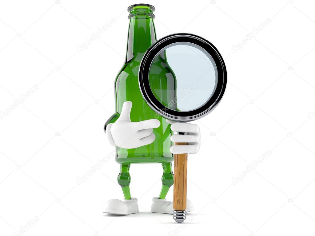Green glass bottle character with magnifying glass