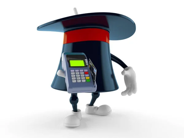 Magic hat character holding credit card reader — ストック写真