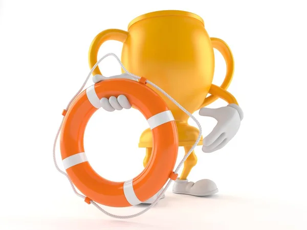 Golden trophy character holding life buoy — 스톡 사진