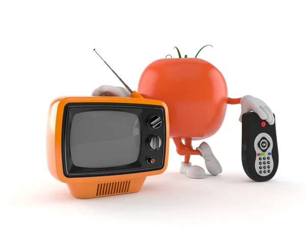 Tomaten-Charakter mit Fernseher und Fernbedienung — Stockfoto