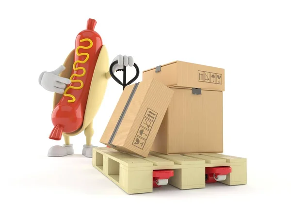 Hot dog character with hand pallet truck with cardboard boxes — Stock Photo, Image