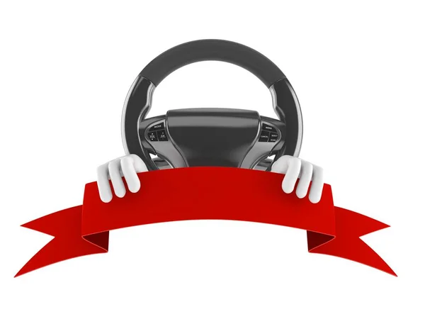 Car steering wheel character with blank banner — Stock Photo, Image