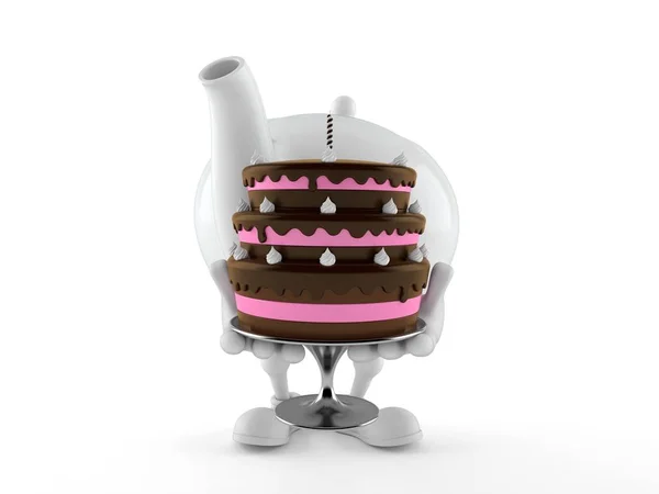 Çaydanlık karakteri pasta tutuyor. — Stok fotoğraf