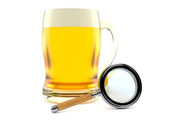 Glass of beer with magnifying glass — Stock Photo, Image