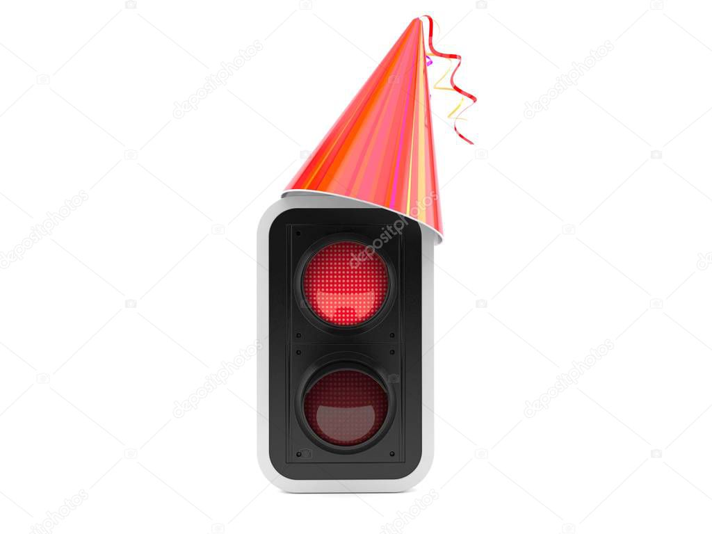 Red traffic light with party hat