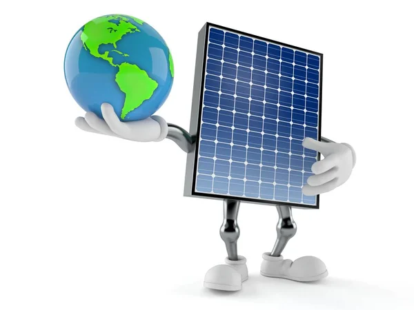 Fotovoltaik panel karakteri dünya küresini tutuyor — Stok fotoğraf