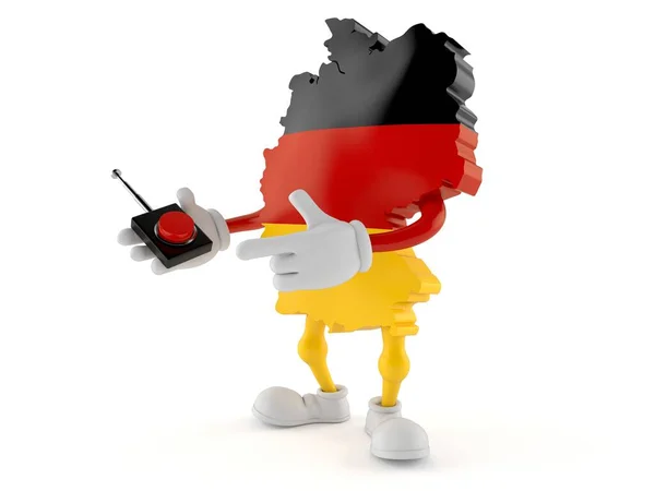 Personagem alemão pressionando botão no fundo branco — Fotografia de Stock
