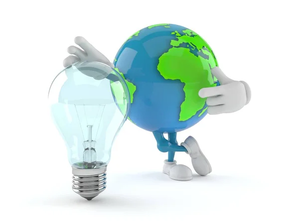 World globe character with light bulb — Stock Photo, Image