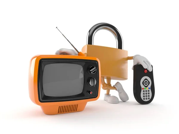 Personagem de cadeado com aparelho de tv e remoto — Fotografia de Stock