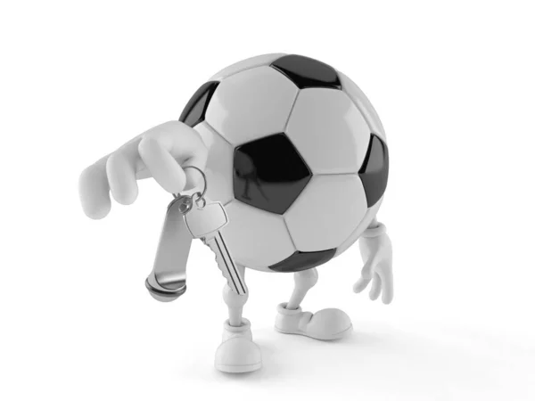 Soccer ball character holding hotel door key — Stock Photo, Image