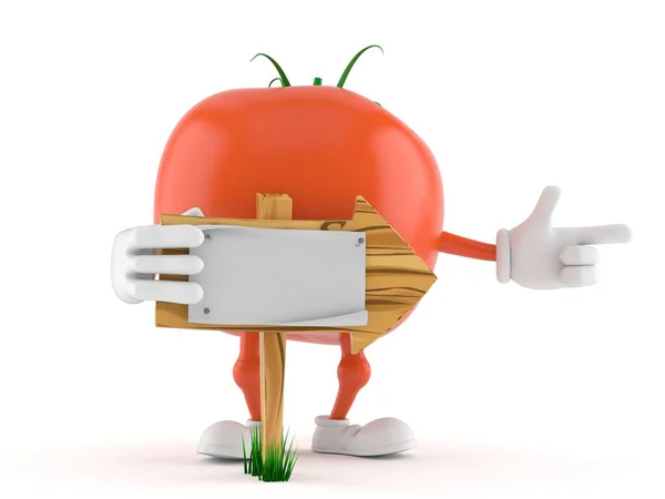 Postać pomidorowa z drewnianym znakiem strzałki — Zdjęcie stockowe