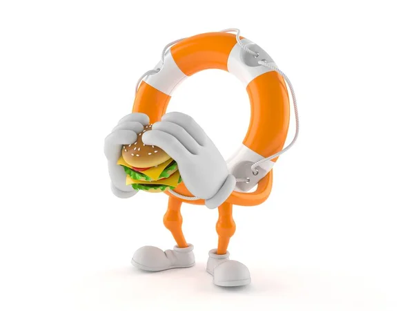 Life buoy character eating hamburger — Stock Photo, Image