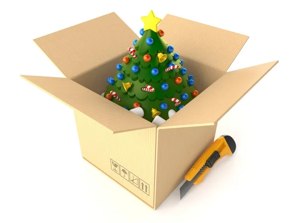 Árvore de Natal dentro caixa de papelão — Fotografia de Stock