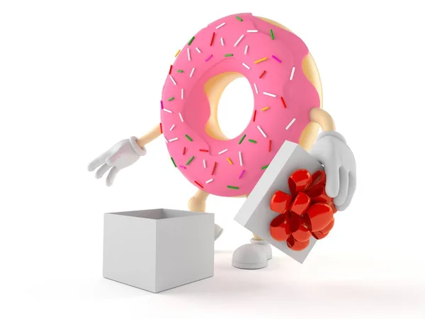 Donut-Charakter mit offenem Geschenk — Stockfoto