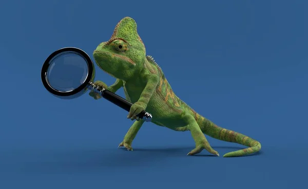 Chameleon holding magnifying glass — Stock Photo, Image