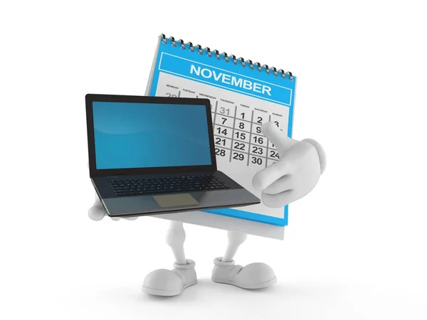 Calendar character holding laptop — Stock Photo, Image