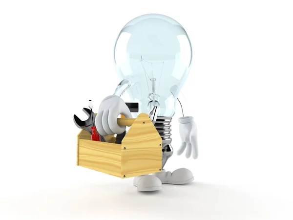 Personagem lâmpada segurando caixa de ferramentas — Fotografia de Stock