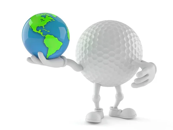 Golfový míček postava drží svět glóbus — Stock fotografie