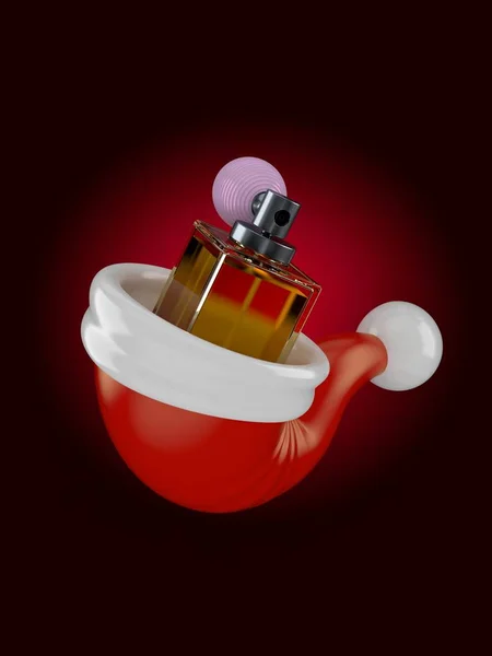 Parfümflasche im Weihnachtsmann-Hut — Stockfoto