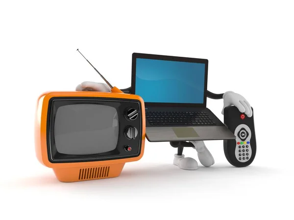 Laptop character with tv set and remote — Stock Photo, Image