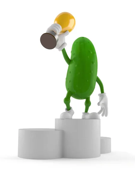 Cucumber character on podium holding trophy — Stock Photo, Image