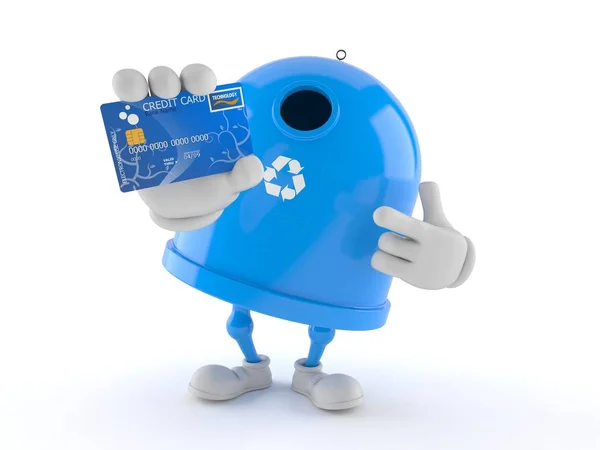 Reciclagem bin caráter segurando cartão de crédito — Fotografia de Stock
